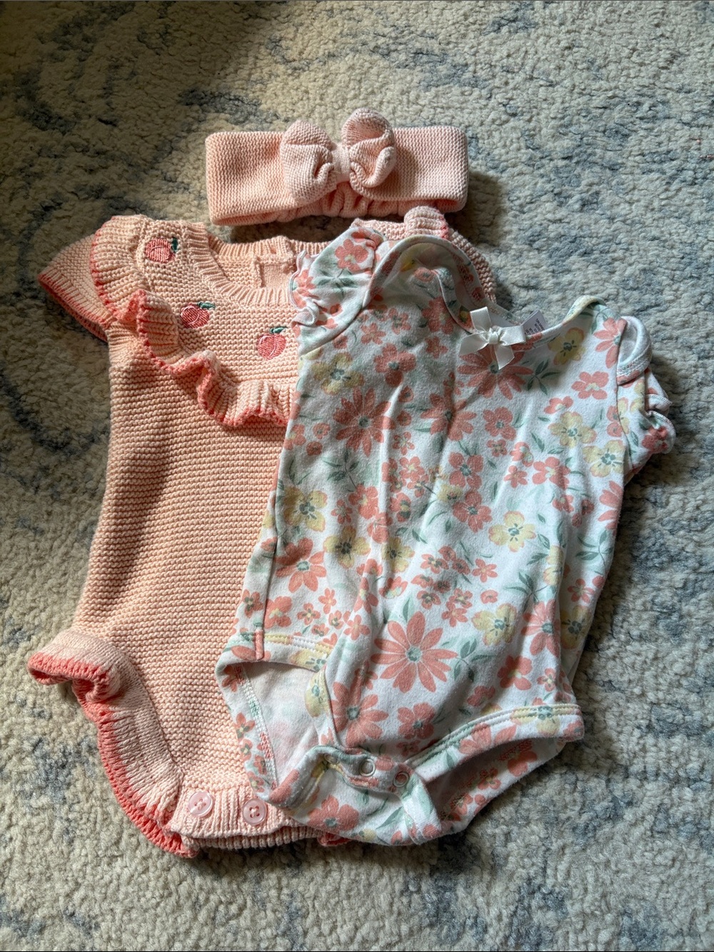 Nicole Miller Peach & Cream Floral Knit Bodysuit Set with Headband